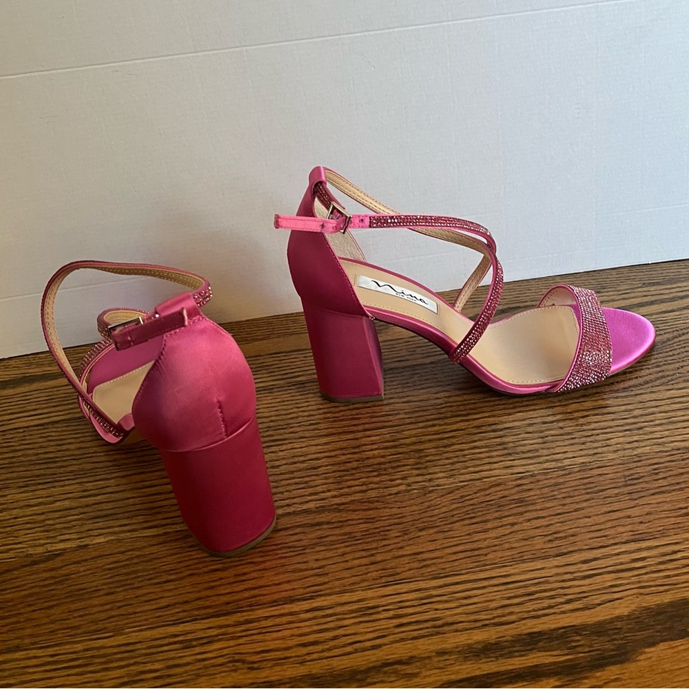 Nina Pink Satin Heels with Rhinestone Straps Henesi-YS Ultra Pink Crystal Satin